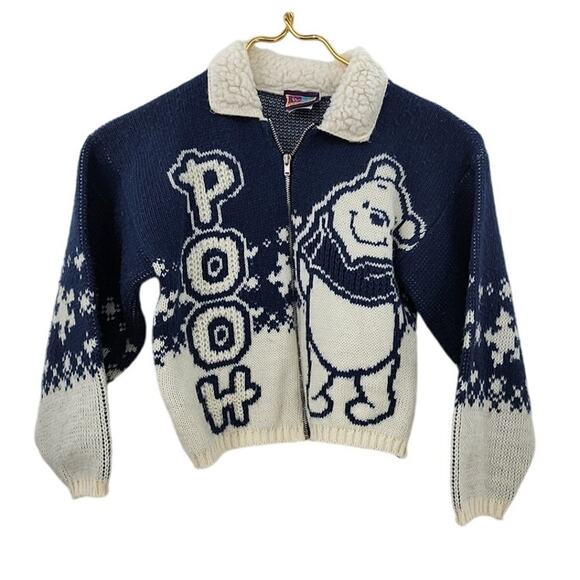Vintage Winnie The Pooh Kids Full Zip Sweater Size 5/6 Made In USA Winter Snow - Picture 1 of 8